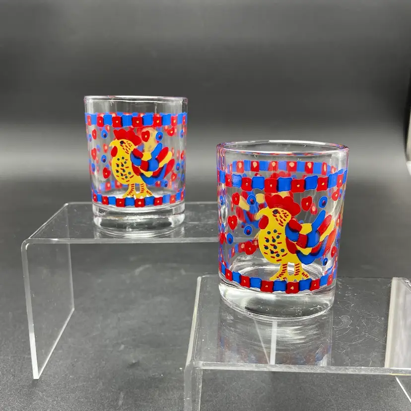 Blue & Red Chicken Rooster Pattern Glass Votive Candle Holders VTG Set of 2