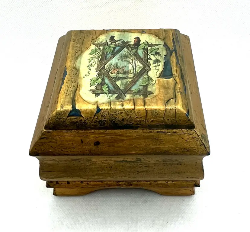 Vintage Gold Florentine Wooden Jewelry Trinket Box Decoupage Antique Effect Country Cottage Birds