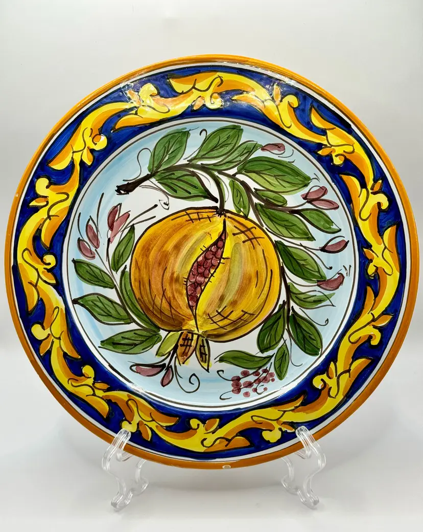 Vintage Italian Majolica Decorative Plate, Hand Painted Pomegranate & Foliage Design, Vibrant Yellow & Blue Border, Signed, Made In Menfi, Italy