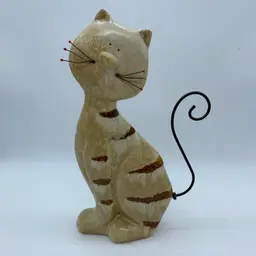 #1410 Vintage 70s Whimsical Cat Sculpture – Ceramic & Metal – 9” Tall