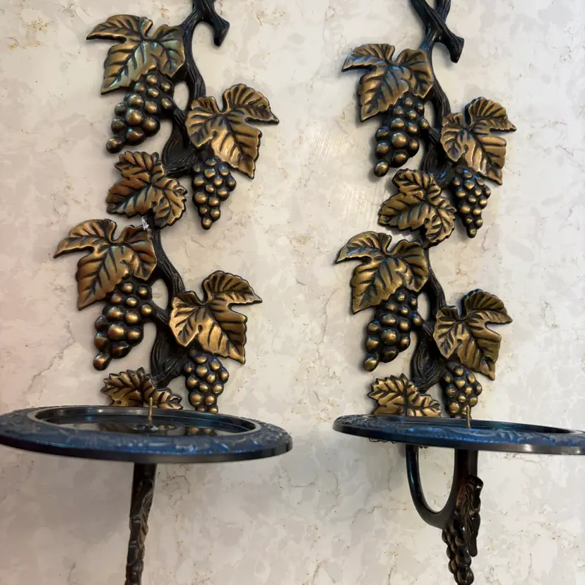 Set of Brushed Gold Tone Metal Wall Sconce Candle Holders Grapes Vines Tuscan