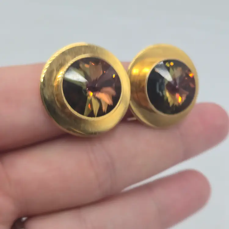 Vintage Whiting & Davis Gold Tone Bezel Watermelon Rivoli Clip On Earrings