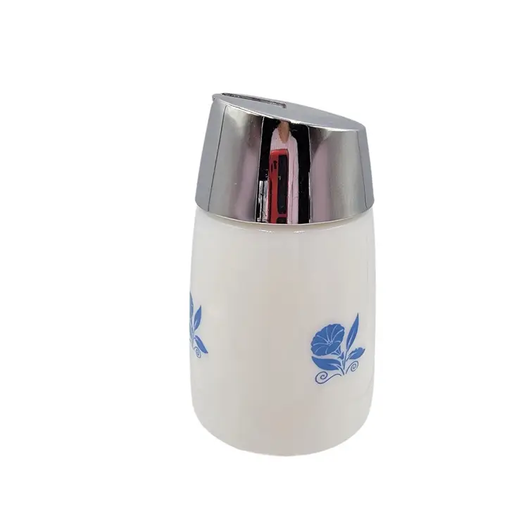 Dispensers Inc. Milk Glass Sugar Dispenser With Chrome Lid Blue Morning Glory Pattern