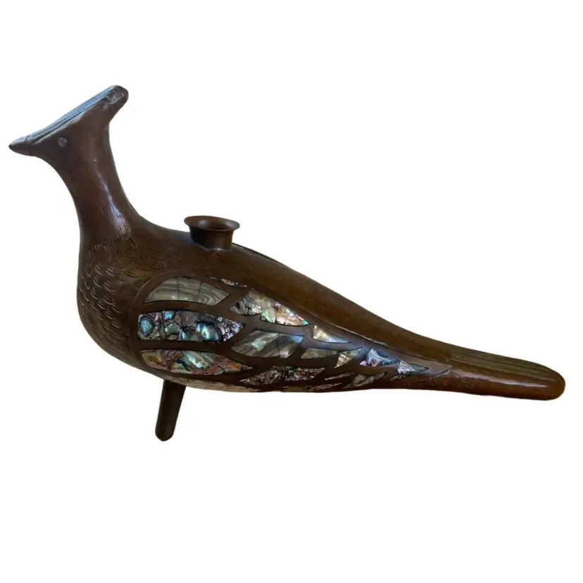 Mexican Mid-century Brass Copper Abalone Bird Candlestick