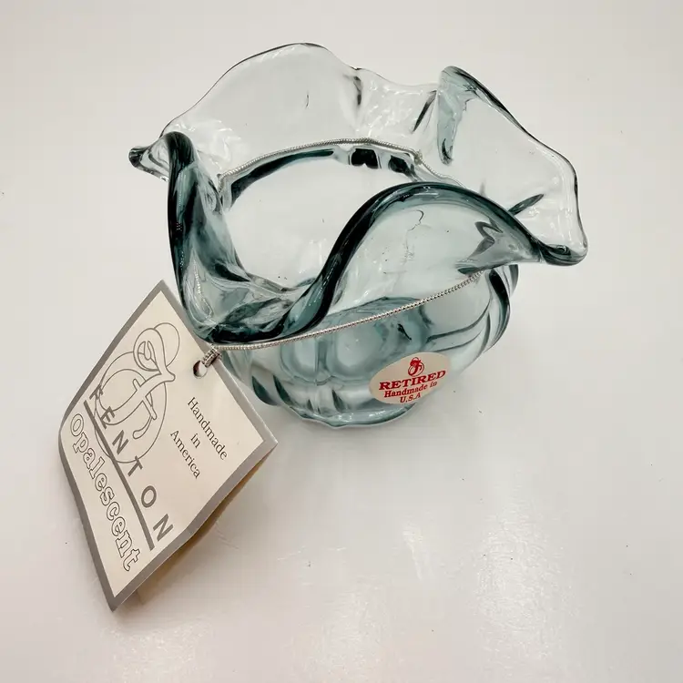 Fenton Retired Blue Opalescent Ruffle Top Bowl Vase