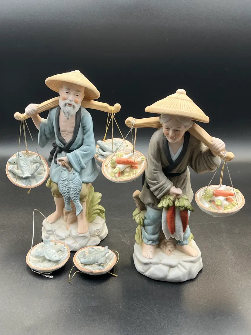 Vintage Porcelain Farming Woman & Fishing Man