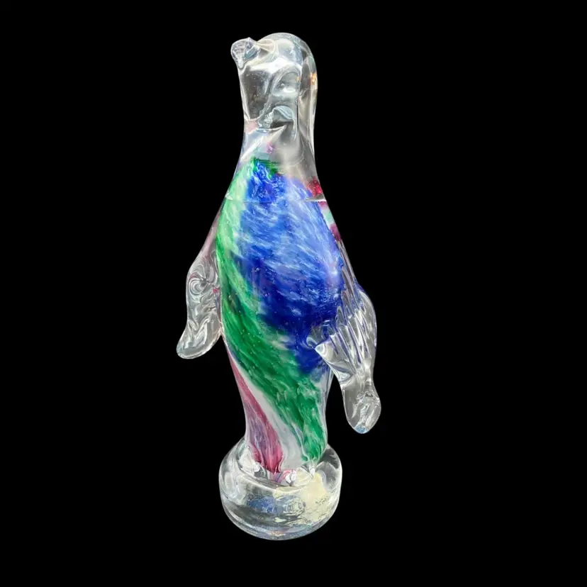 BIN - Art Glass Penguin Italy Blue Pink Green - As Is With Annealment Crack 7.25”