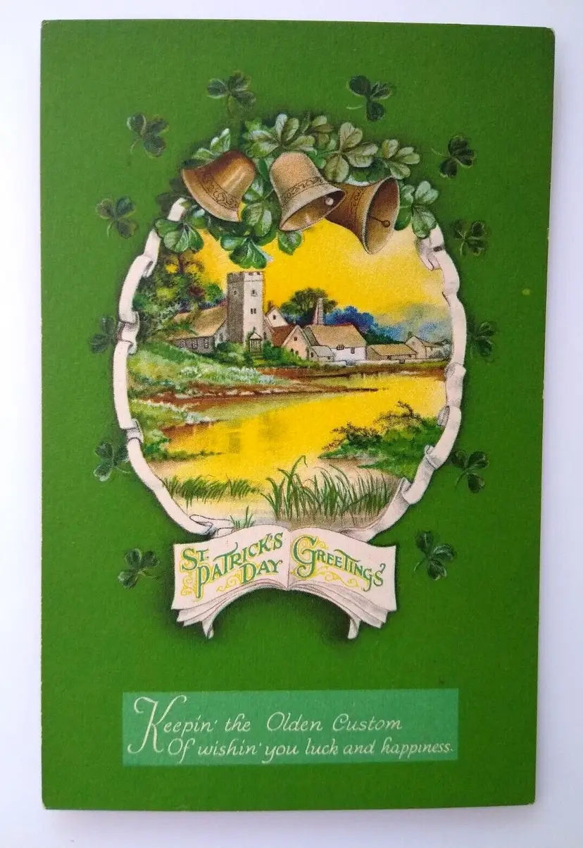 St Patrick's Day Postcard Wolf Lake Bells Castle Church Shamrock Greetings 453