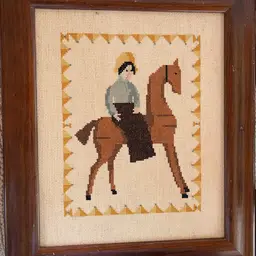 Vintage Framed Cross Stitch Equestrian Woman Riding A Horse