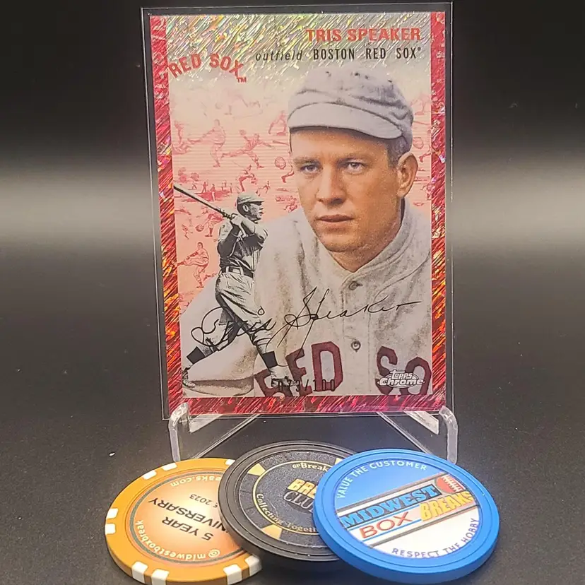 2023 Topps Chrome Platinum Anniversary Tris Speaker Platinum Toile Cream/Fuscia Lava Refractor - Numbered 73/100 - Card #474 Boston Red Sox Baseball Card