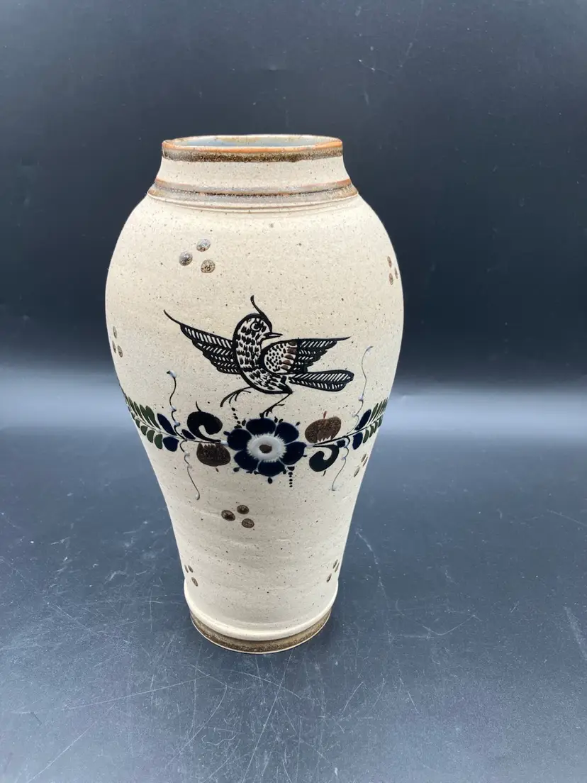 BIN - Vintage Tonala Mexico Vase With Bird And Florals 9.75”