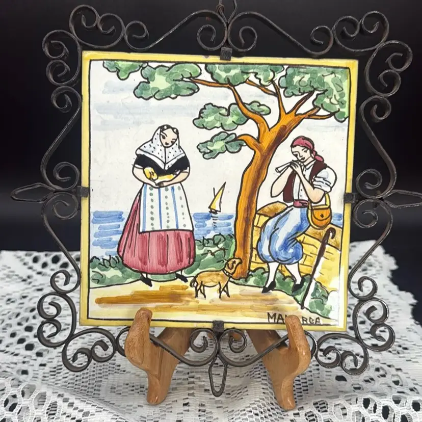 Mallorca Spain Hand Painted Spanish Folk Art Ceramic Tile Duran Rare Trivet