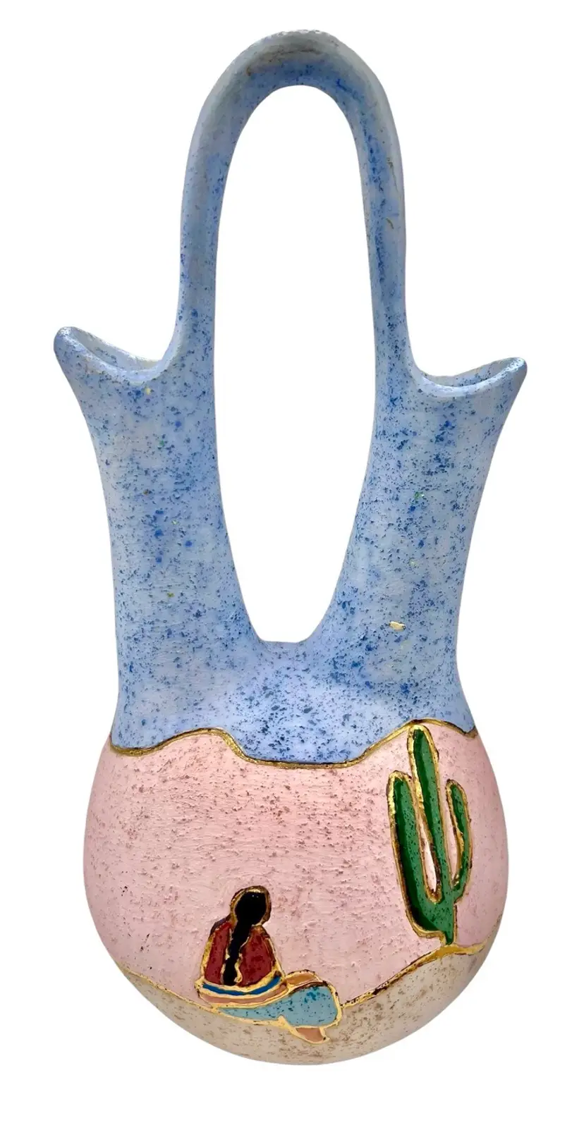 Signed Southwest Pottery Wedding Vase Pastel Pink Blue Gold Woman Native 10.25β