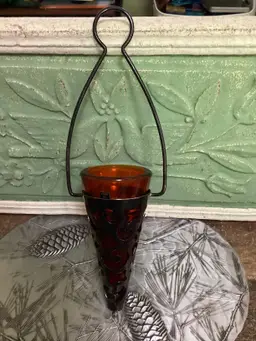 Vintage metal basket, amber glass liner, hanging Posies Vase  7 1/2 inches