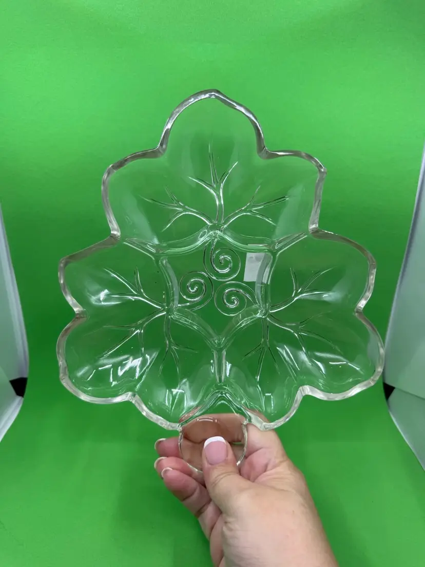 Glass leaf-shaped divided serving dish with swirl accents, 10”x8.5”