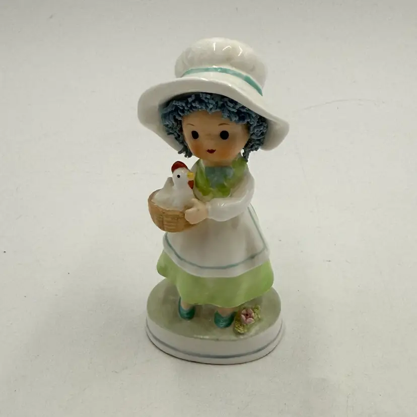 Napcoware Bone China Blue Spaghetti Hair 4" Vintage Figurine Girl & Hen Chicken