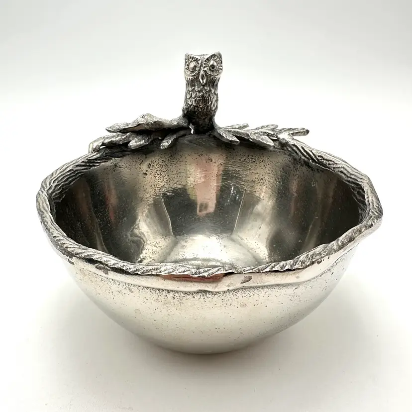 Owl Figure Silver Tone Metal Serving Trinket Bowl 6.5” D X 4.75” H