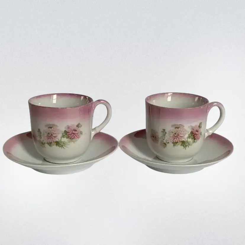 Antique Pink Luster Floral Demitasse Teacups And Saucers Germany