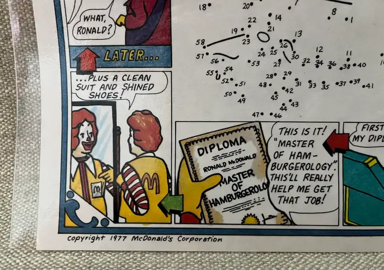1977 Ronald McDonald Goes JOB HUNTING Activity Paper Plastic Laminate Placemat