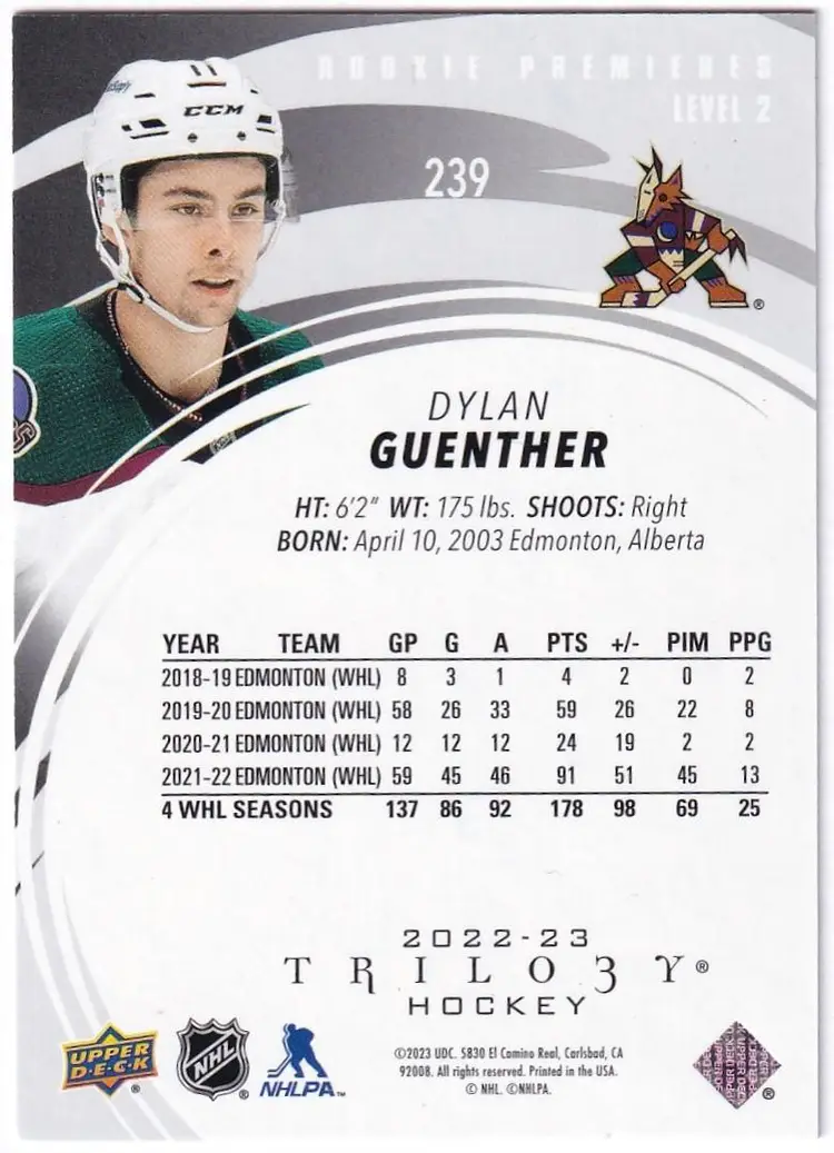 2022-23 Upper Deck Trilogy #239 Dylan Guenther Arizona Coyotes Hockey Card
