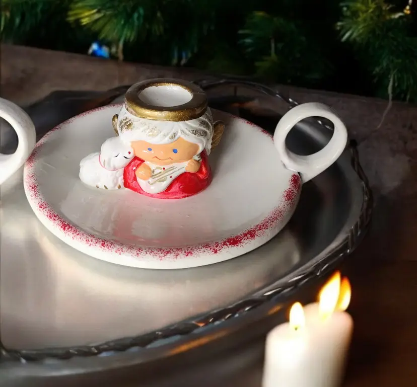 Vintage Art Pottery Angel Lamb Candle Holders Kitsch Christmas Chamber Holiday