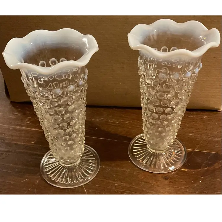 Vintage Anchor Hocking Moonstone Clear Opalescent Hobnail Footed Bud Vases Set 2