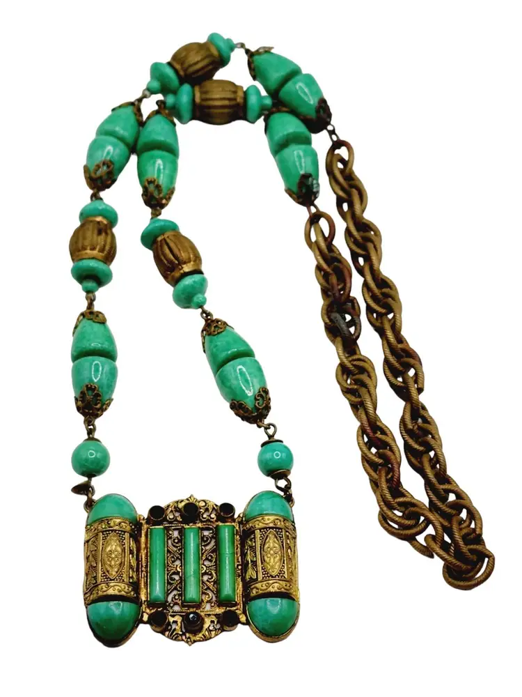 Antique Signed Czechoslovakia Brydcka and Altman Peking Glass Necklace (A1204)