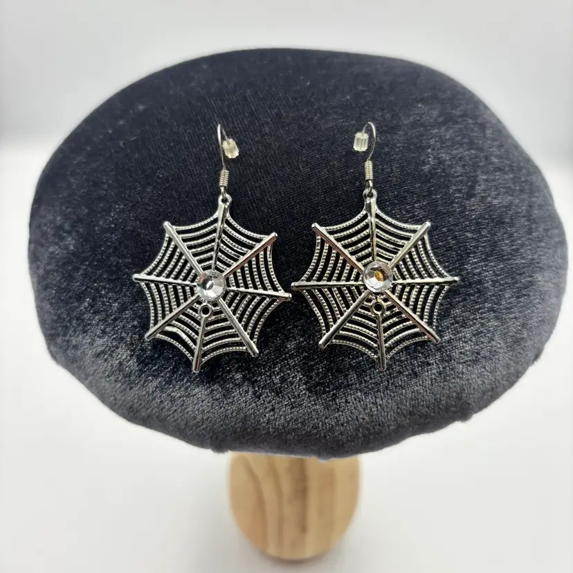 Silver Tone Spiderweb Pierced Hook Earrings 2”