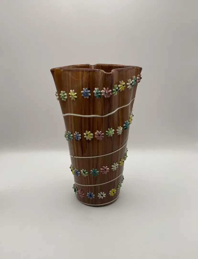 Italian, Ceramic, Brown Vase with Raised Flowers in Multiple Colors!