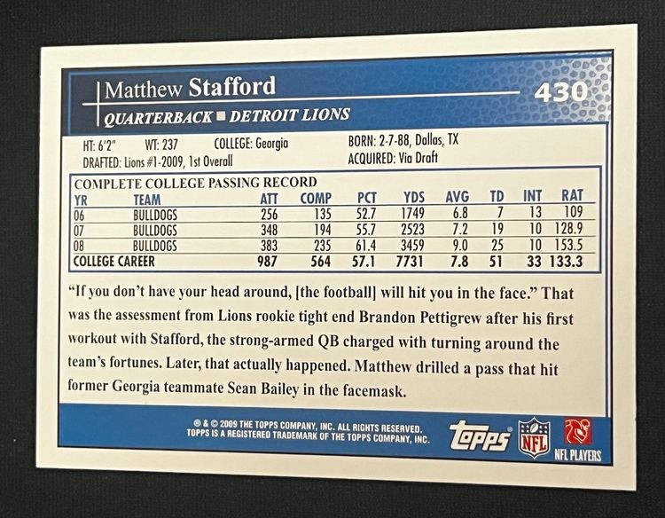 Matthew Stafford 2009 Topps Rookie Card RC #430 Detroit Lions Los Angeles Rams