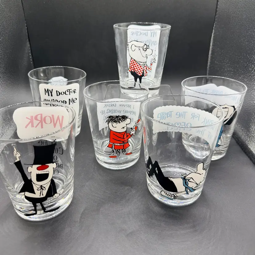 MCM 6 Osborne Kemper Thomas On the Rocks Glasses Barware Novelty Humor 1950’s