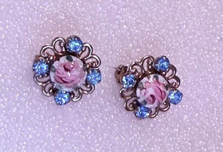 Two Small Vintage Guilloche Enamel Pink Rose Pins With Blue Rhinestones