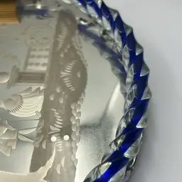 Vintage Murano Venetian Etched Glass Vanity Tray Twist Blue Rope Edge Fish Handles 12.5”