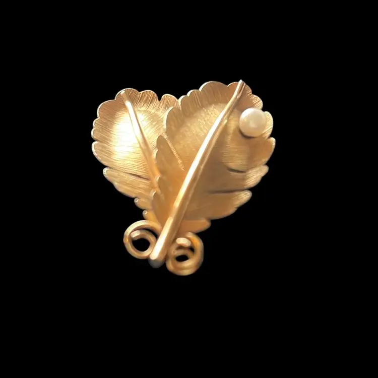 Vintage Signed Krementz Gold Tone Double Leaf Cultured Pearl Brooch