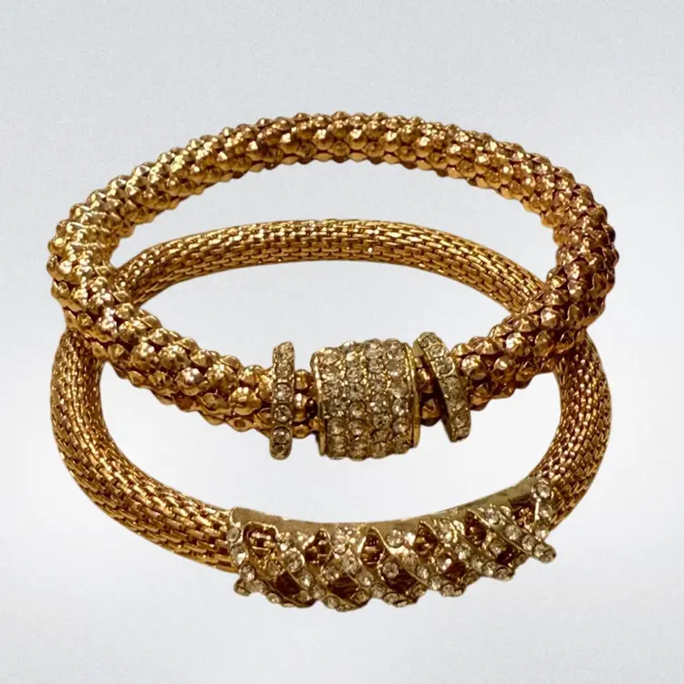 Lot Of (2) GoldTone Mesh Stretch Metal Festive Rhinestone Holiday Bracelets