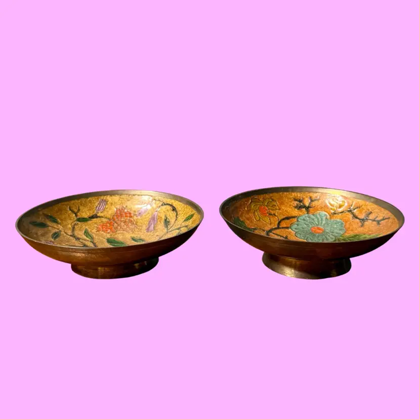 Vintage PAIR ENESCO Brass Enamel Cloissone Trinket Dishes, Old Disney Tag, INDIA