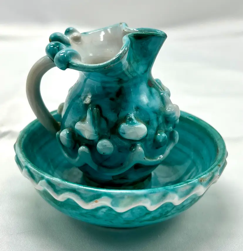 Miniature Pitcher & Wash Bowl Turquoise Blue Hand Made In Italy Marked FF