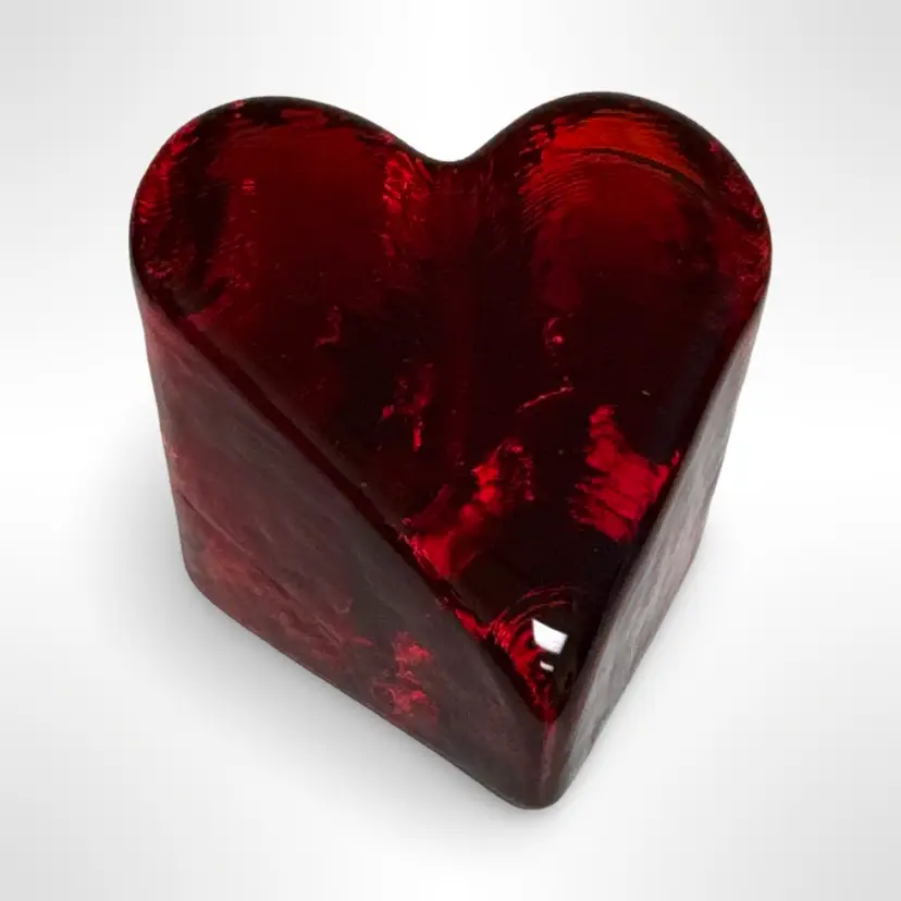 Vintage Signed Fire & Light Red Heart Glass Paperweight Signed 2002 Glows!