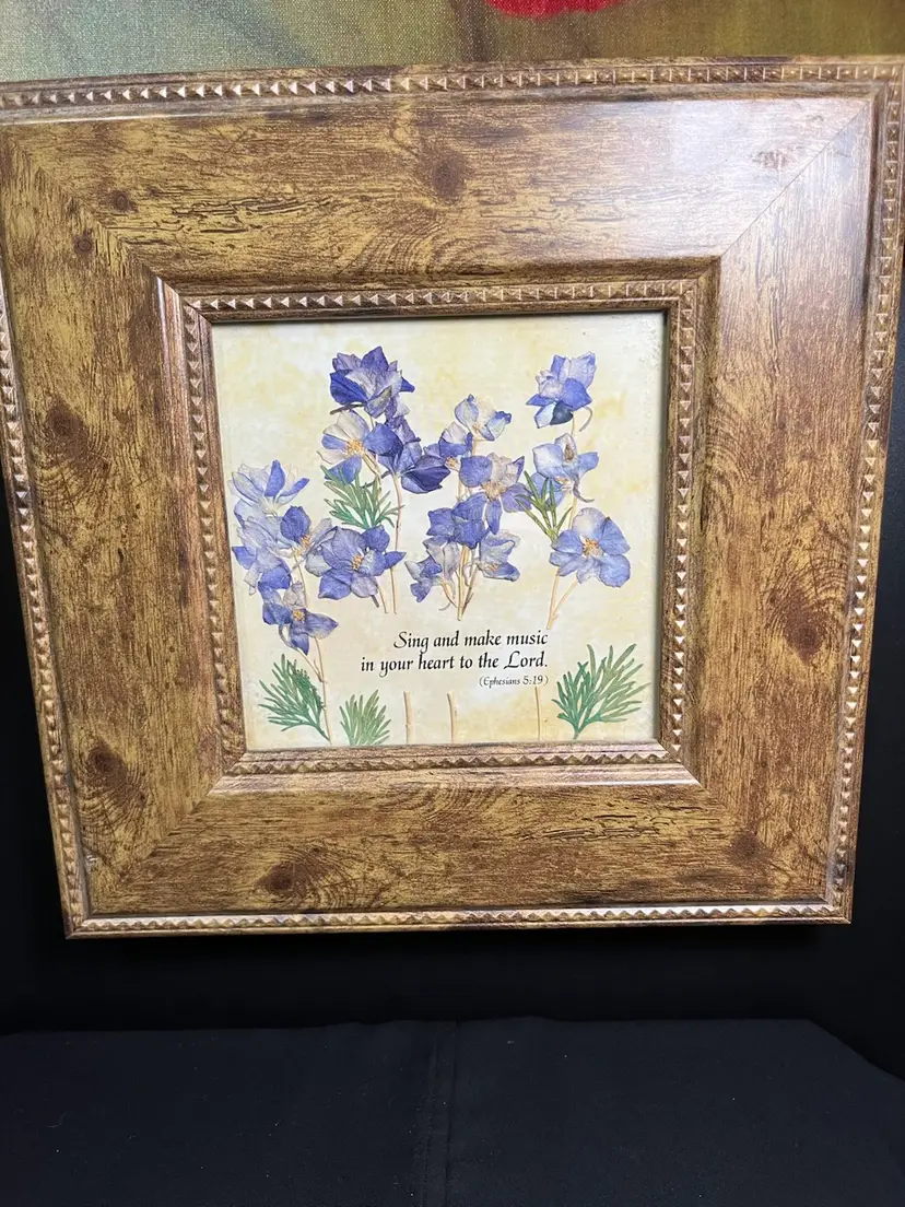 Framed Dried Pressed Flowers & Green Foliage w/ Verse from Ephesians 5:19-Lot 53