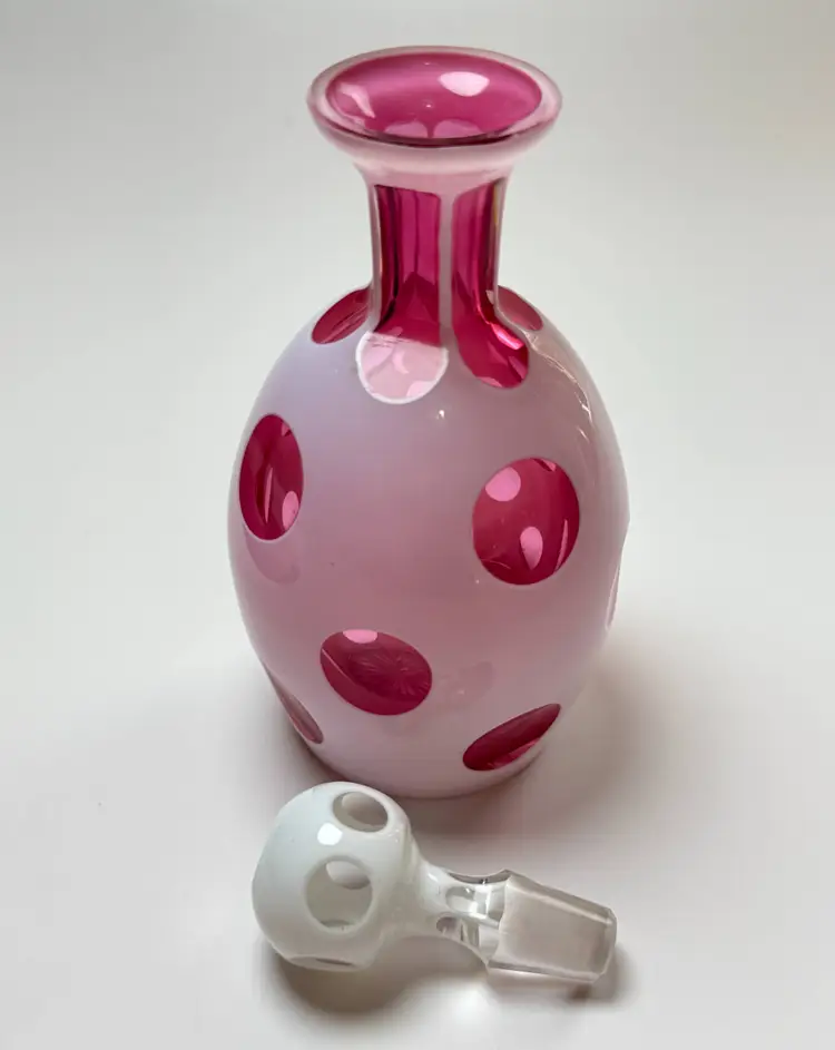 Vintage Bohemian Small Cased Glass Bottle White Cut to Cranberry Coin Dot Perfume Decanter