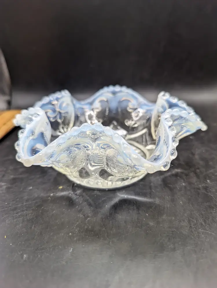 Vintage Dugan Style Jeweled Heart White Opalescent Bowl Dish 5.75 Inches