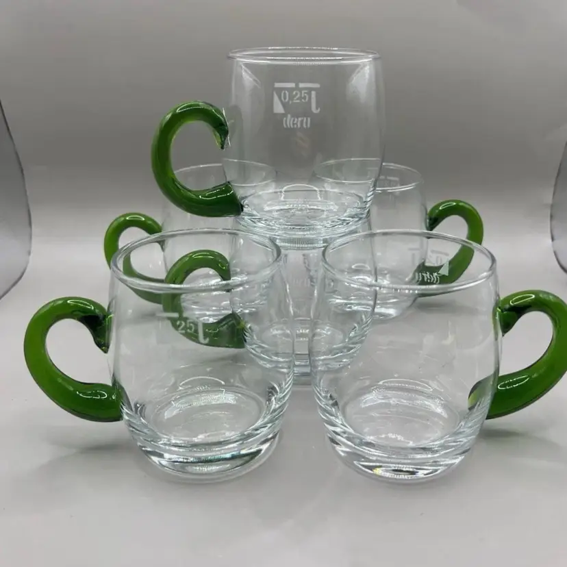 Blown Glass Wine Mugs Applied Green Glass Handles Set of 6 0.25 Liters Deru 3.5” Germany