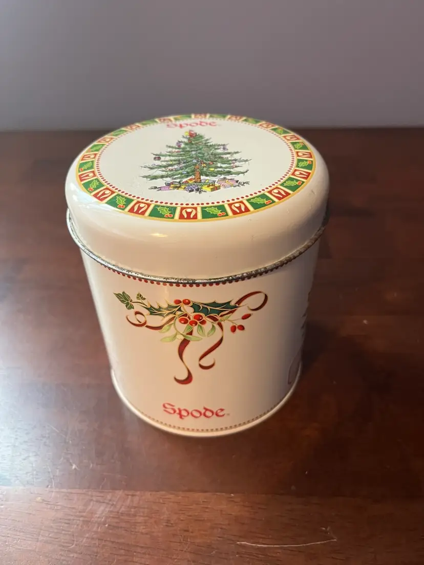 Vintage Spode Christmas Tree decorated tin with a lid And Coffee Cup Inside. Tin Is  5”x4” Cup Is 4” Hx 3” W