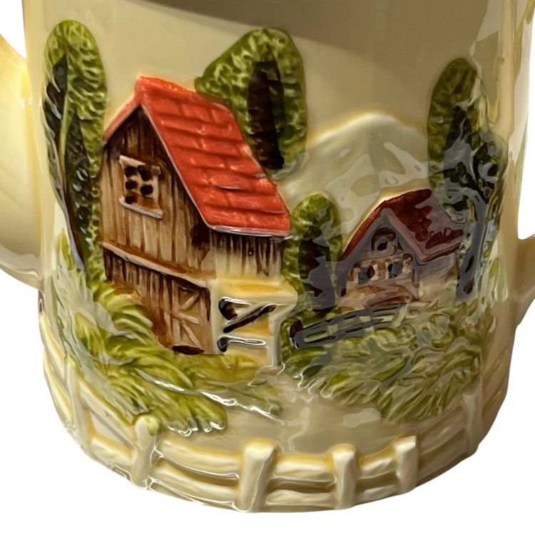 #01 017 Farm Seen Yellow Background That's Roof Lid Marks And Rosenfeld 8.5" X 9.5" 1950S Japan Teapot
