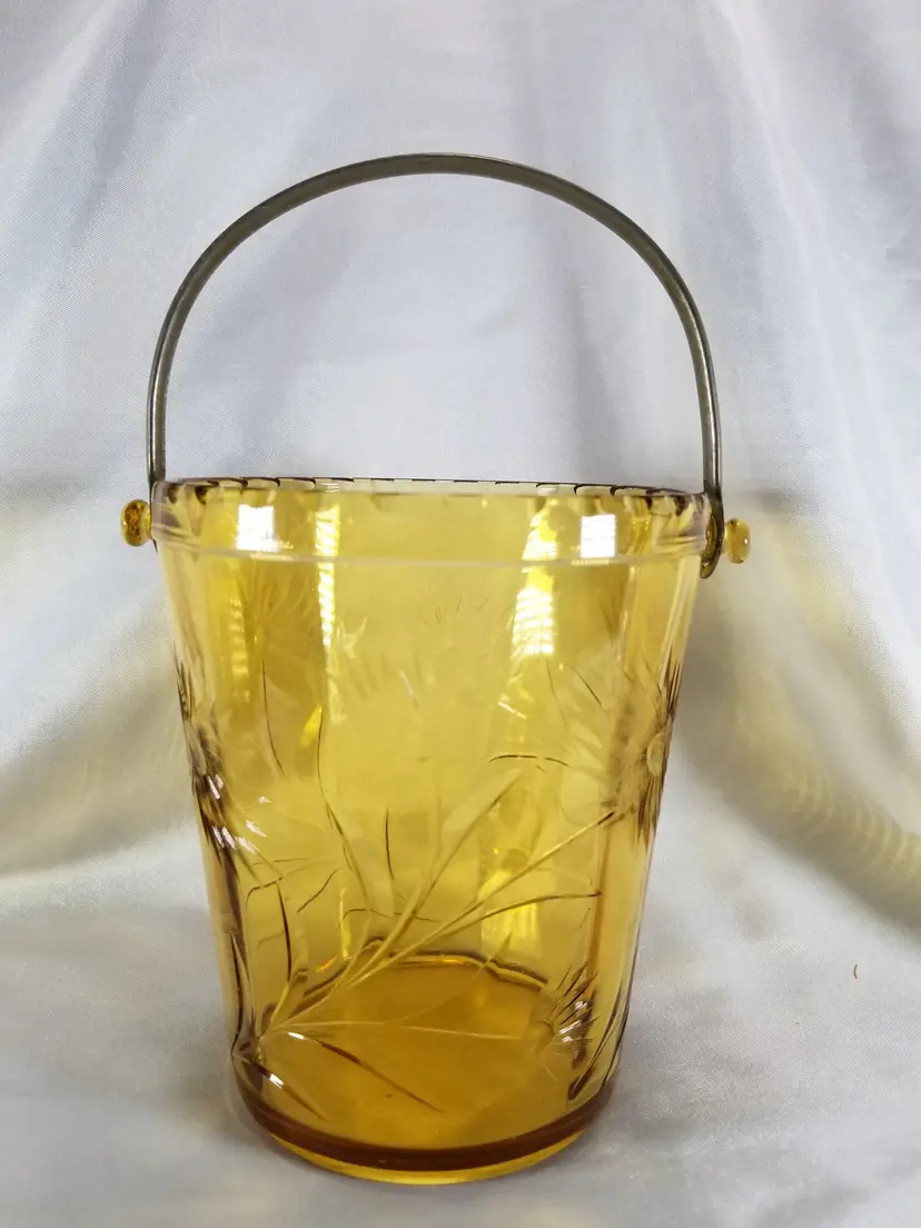 Vintage Depression Topaz Amber Cut Glass Ice Bucket