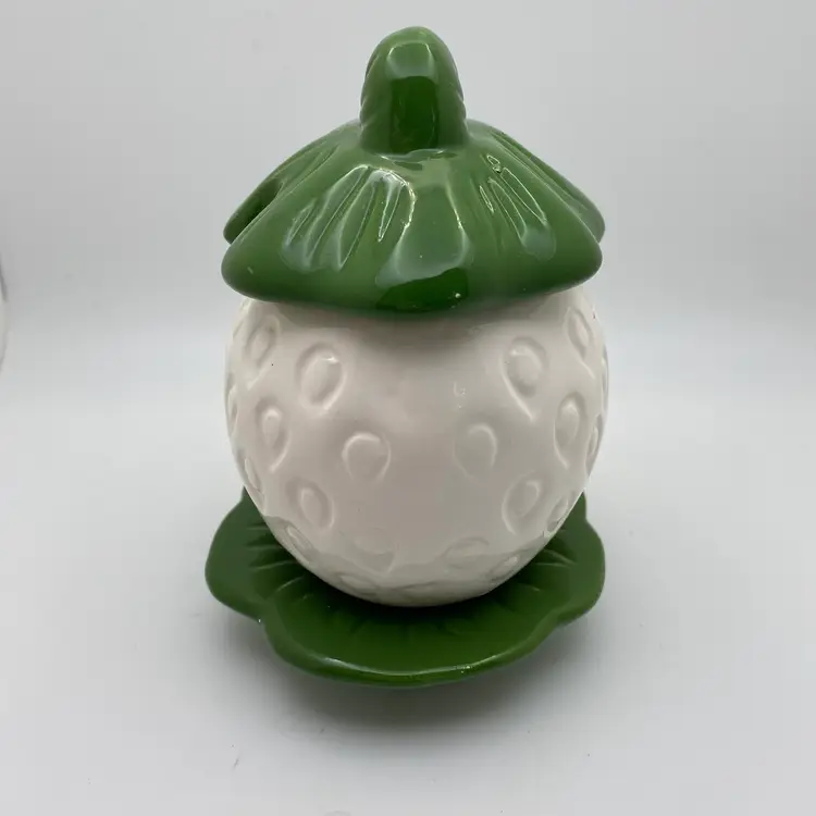 Vintage White Strawberry Lidded Jam Or Sugar Jar