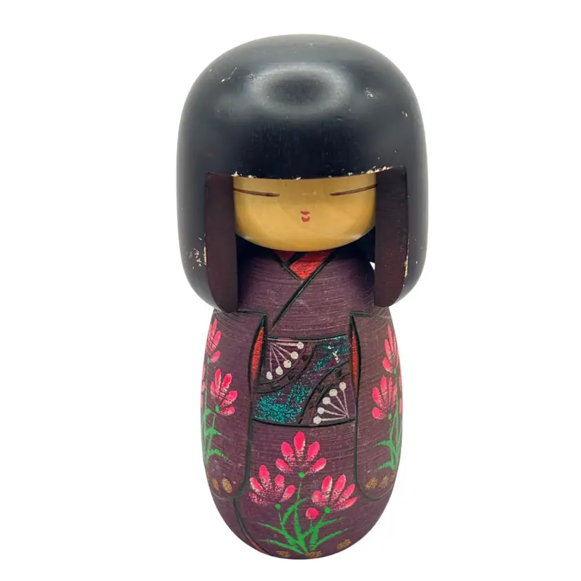 Large Wooden Kokeshi Doll Michiyuki by Masae Fujikawa Pink Purple Flowers 7”