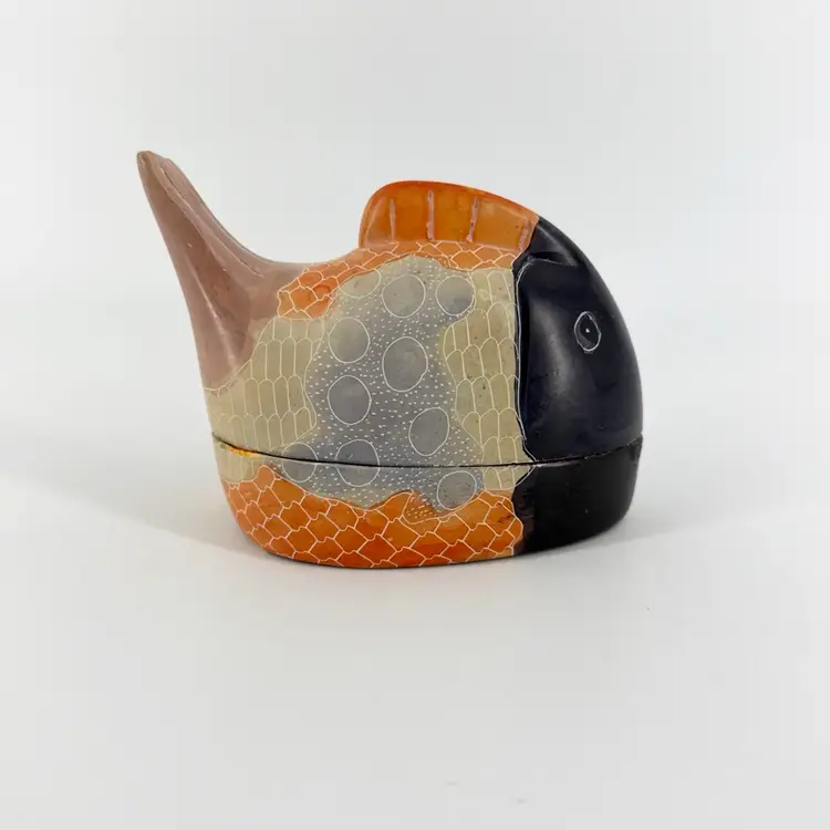 Hand Etched 4.25"x2.5" Soapstone Lidded Fish Whale Trinket Box Made In India