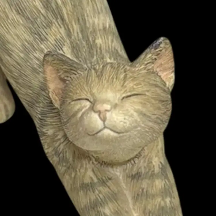 Vintage Sandcast Figurine  Stretching Cat Tan With Gray Stripes
4 1/2” T x 4” L x 1-1/2” W