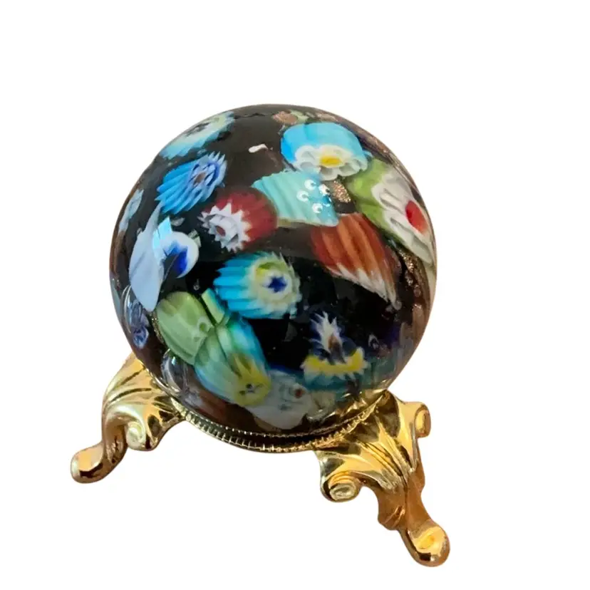 Vintage Murano? Millefiori Scrambled Art Glass Paperweight w/ Gold Aventurine 1.5”